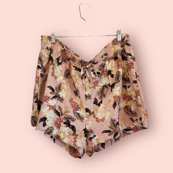 Pants - Hawaiian print elastic stretch linen shorts with side pockets and drawstring XL